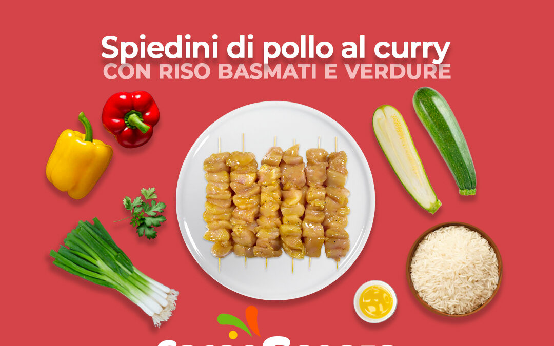 Spiedini di pollo al curry con riso basmati e verdure